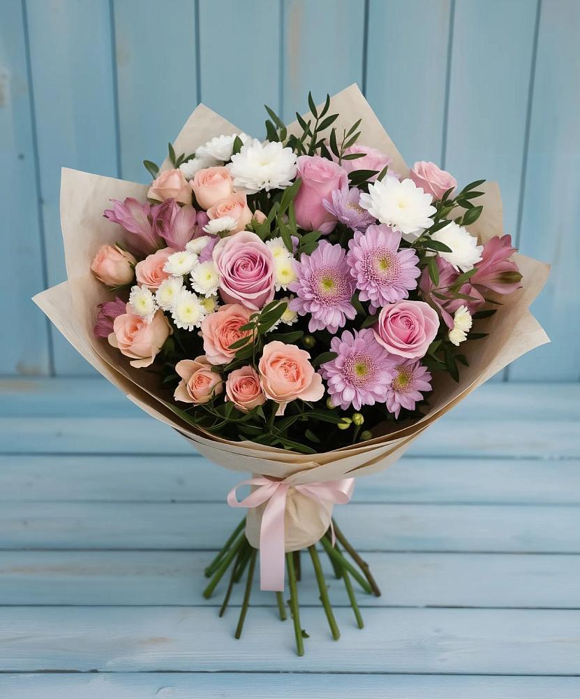 Букет цветов из: Хризантемы, Розы и Альстромерии в Лучинское