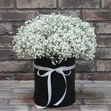 Цветочная композиция из Гипсофила в шляпной коробке в Лучинское