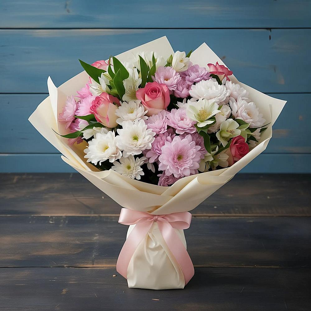 Букет цветов из: Хризантемы, Альстромерии и Розы в Лучинское